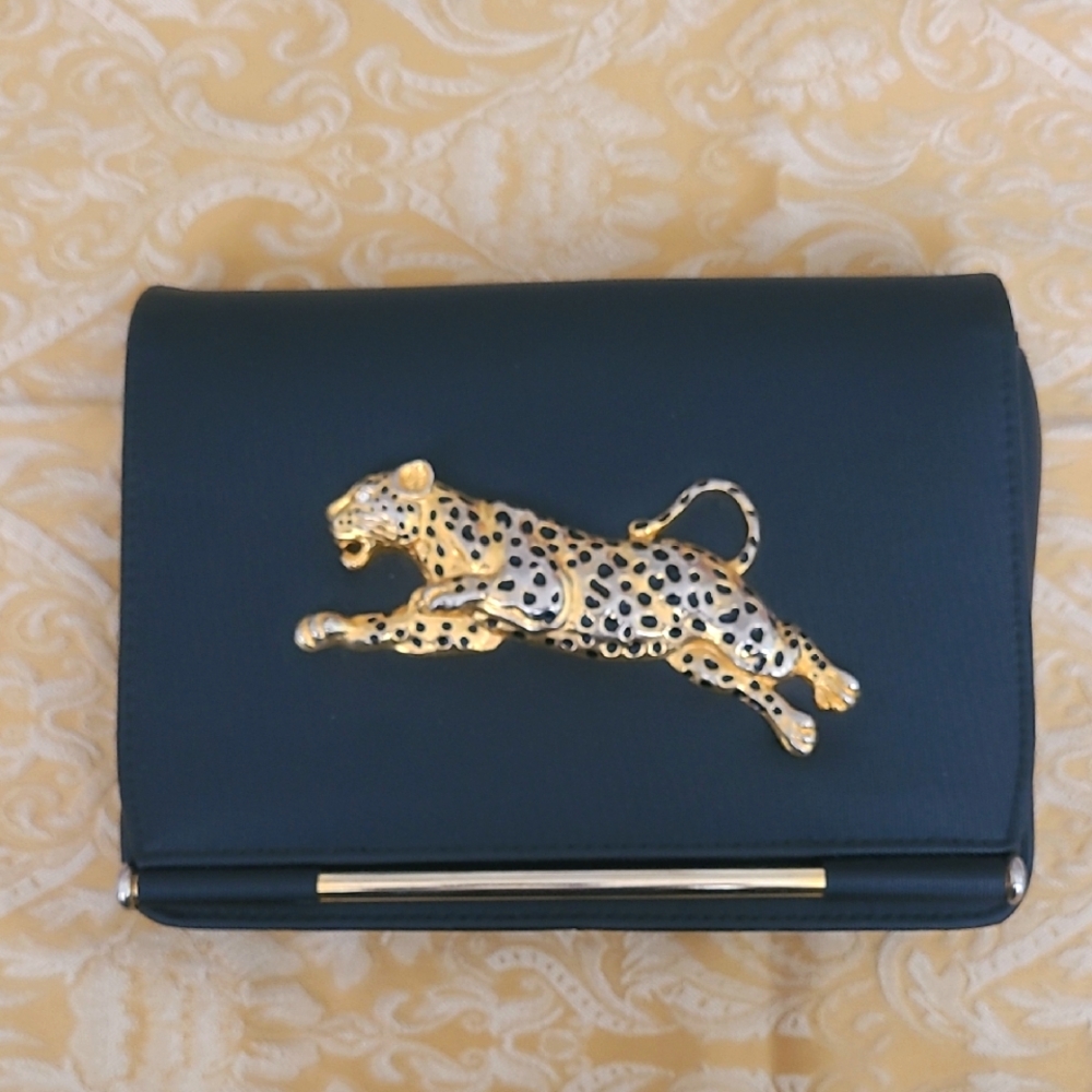 Vintage Purse Black Shoulder Bag with Gold Leopard Cat Accent